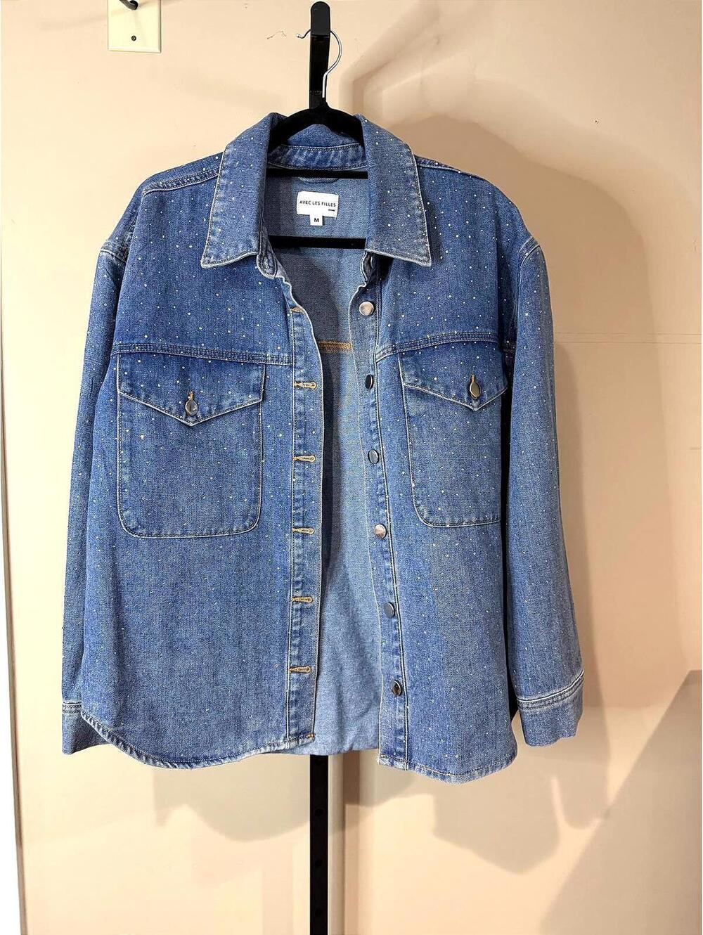 Avec Les Filles Rhinestone Drop Denim Jacket Studded Rhinestone Detail M
